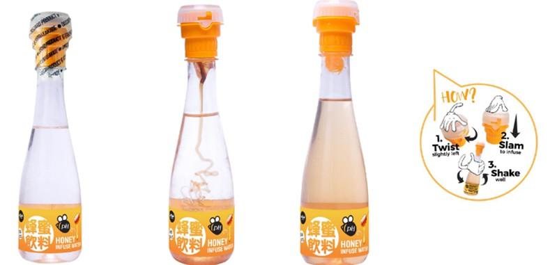 圖一：「WOW-FRESH蜂蜜飲料」使用過程前、中、後，獨特的瓶蓋設計好玩有趣 超療癒。/金色大地提供