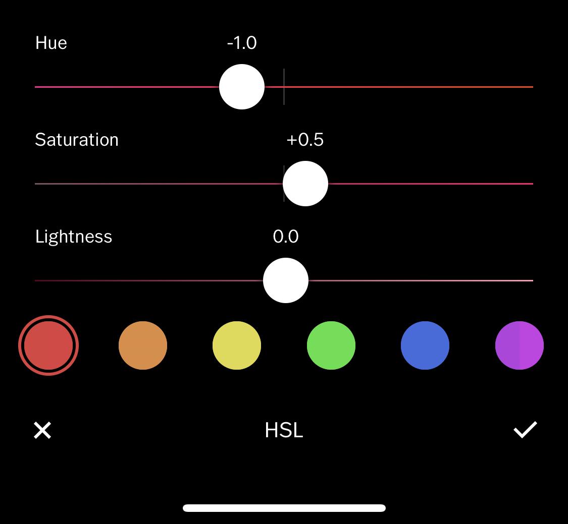 HSL的紅色色調：-1.0/飽和度+0.5