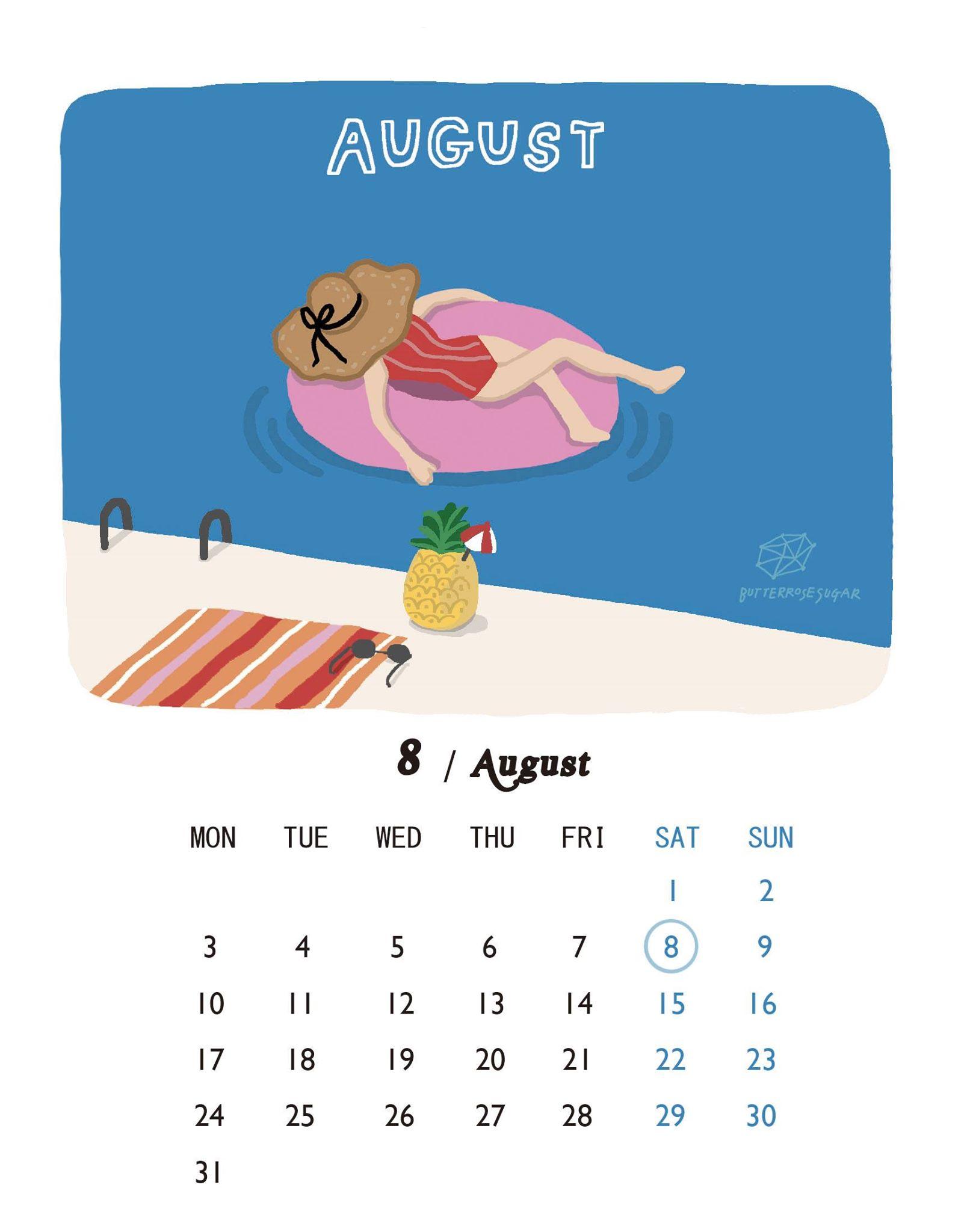 八月份月曆。