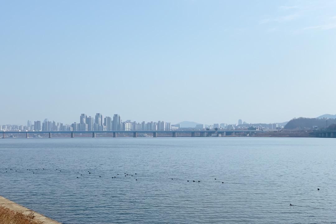 鷺得島越過漢江看向江南摩天大樓的景色